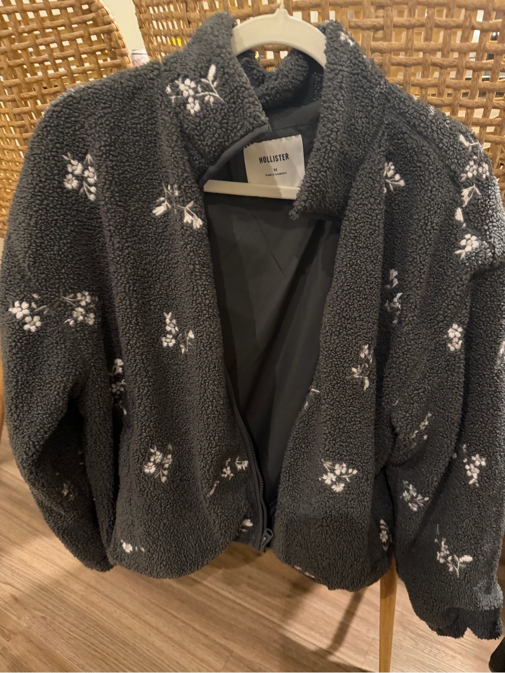 Hollister Dark Gray Sherpa Teddy Jacket with White Floral Embroidery